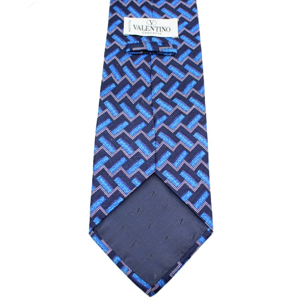 VALENTINO Cravatte 100% Silk Hand Made Blue Multi-Color Geometric Neck Tie - Picture 2 of 3